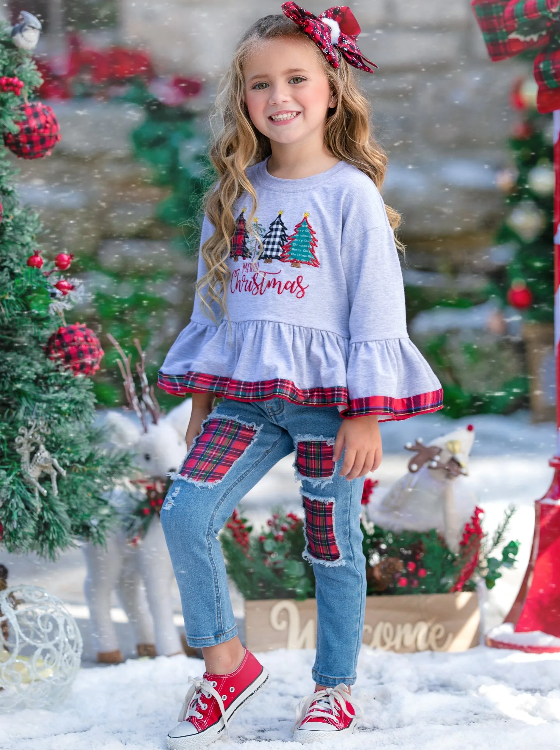 Merry Christmas Plaid Patched Jean Set