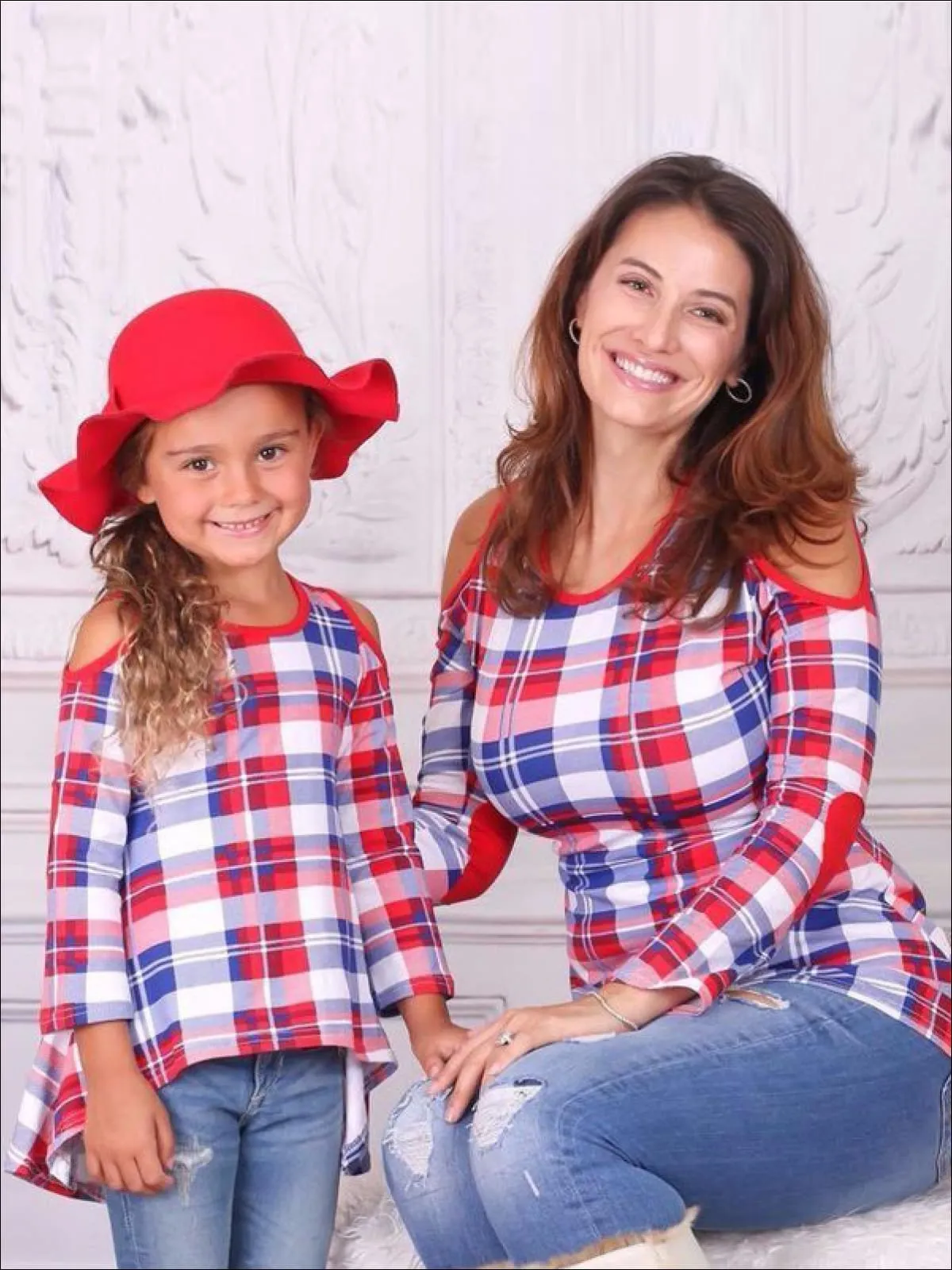 Mommy and Me Royal and Red Plaid Cold Shoulder Striped Hi-Lo Elbow Patch Tunic