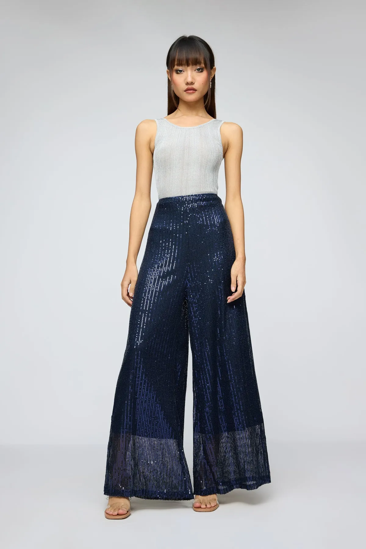 Moonlight Navy Sequin Flare Fit Korean Pants