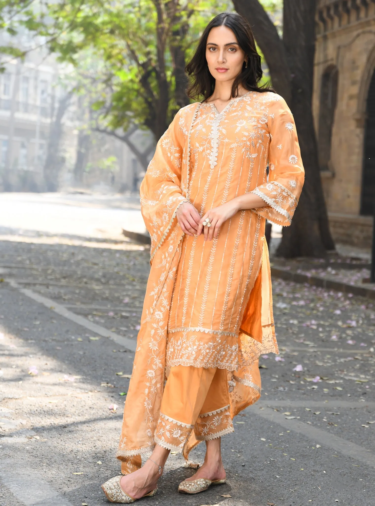 Mulmul Organza Amrapali Orange Kurta With Mulmul Pima Amrapali Orange Pant