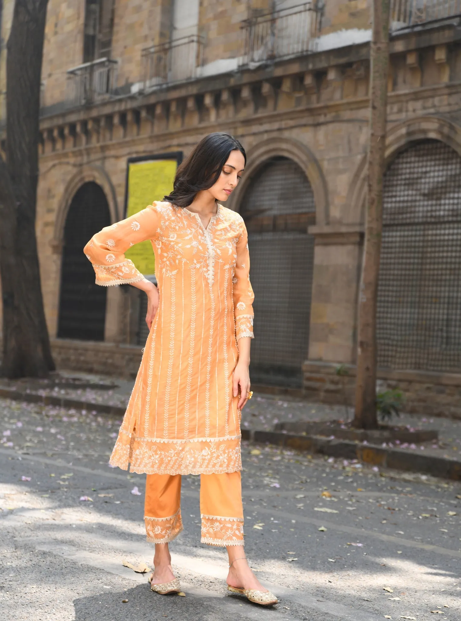 Mulmul Organza Amrapali Orange Kurta With Mulmul Pima Amrapali Orange Pant