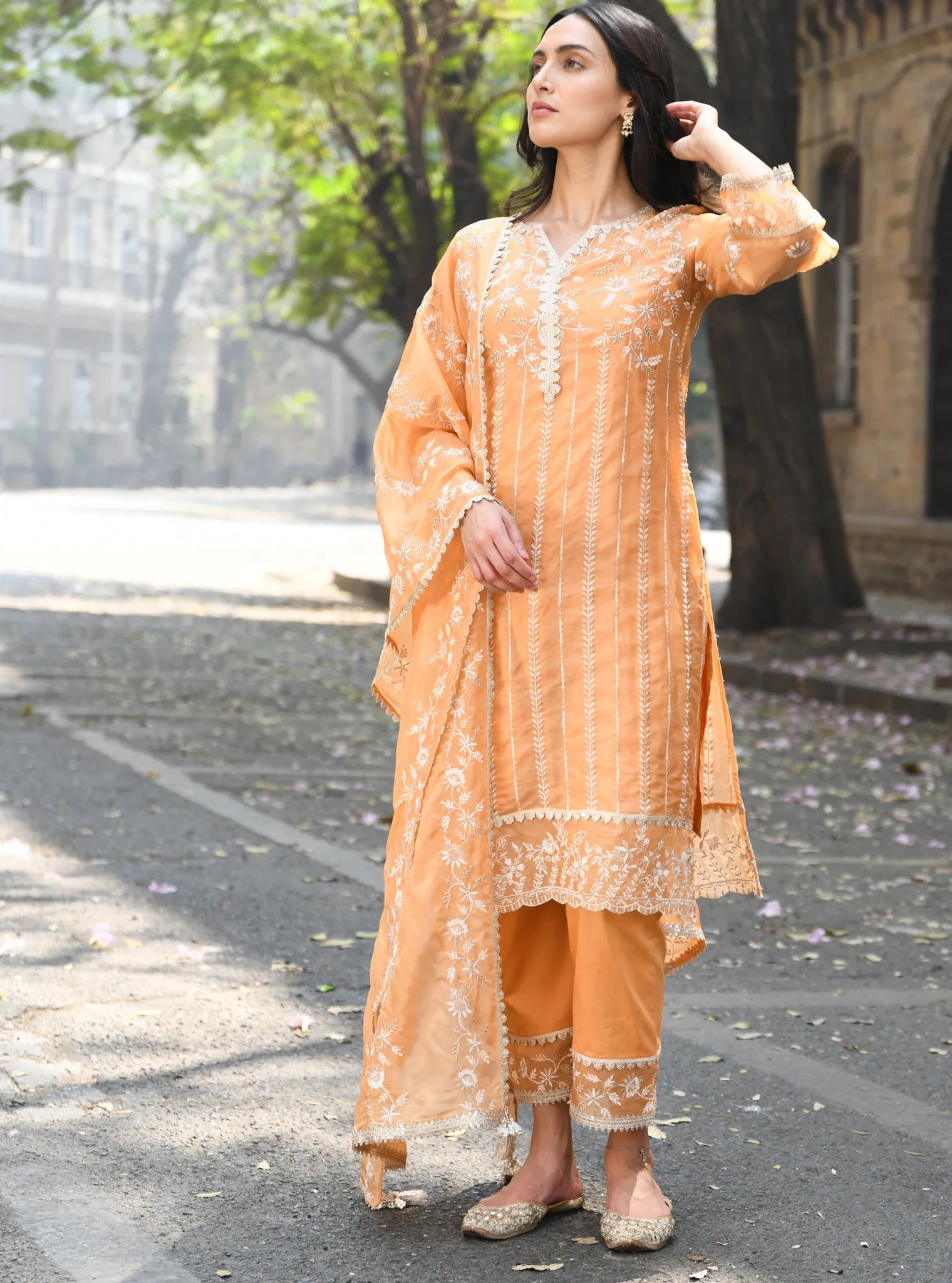 Mulmul Organza Amrapali Orange Kurta With Mulmul Pima Amrapali Orange Pant