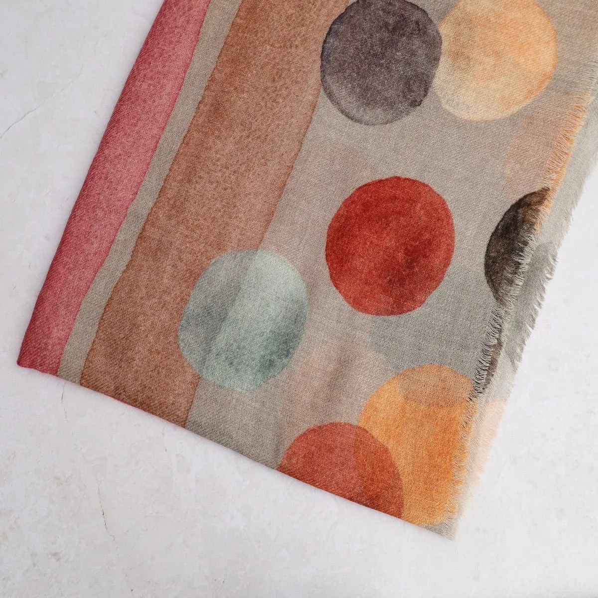 Pangden Wool/Silk Scarf - Dots & Stripes on Beige