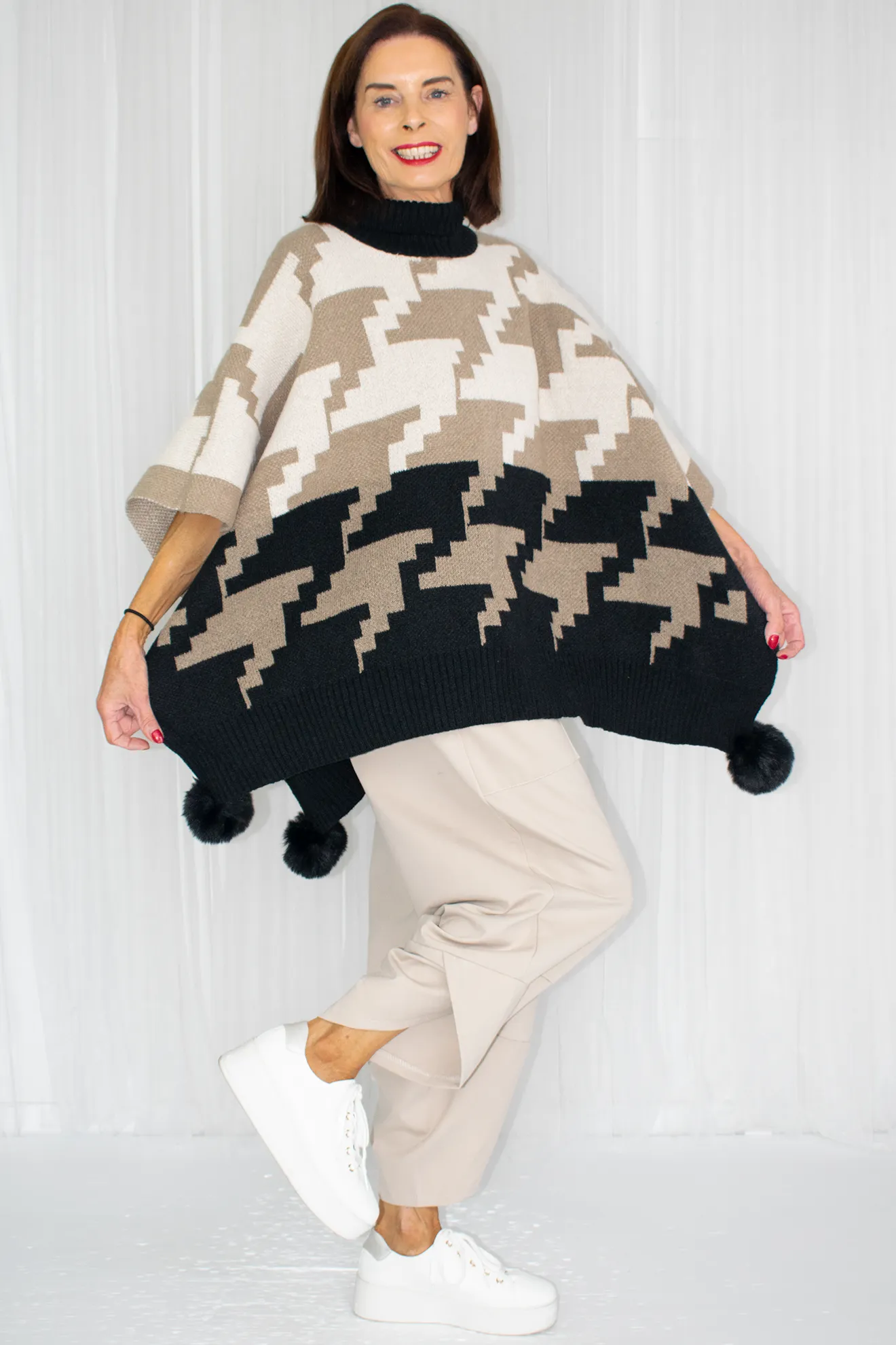 Penny Pom Pom Geometric Poncho Style Jumper in Mocha