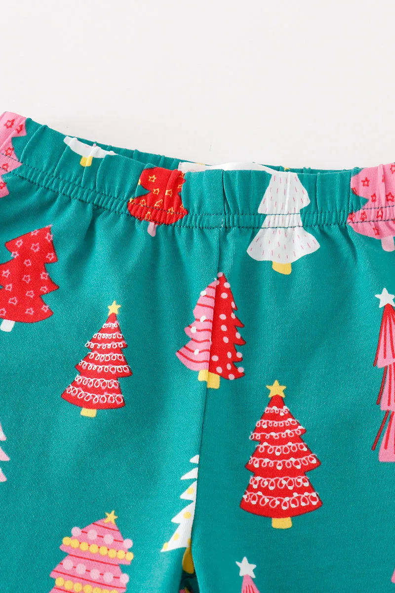 Platinum Green christmas tree print ruffle pants