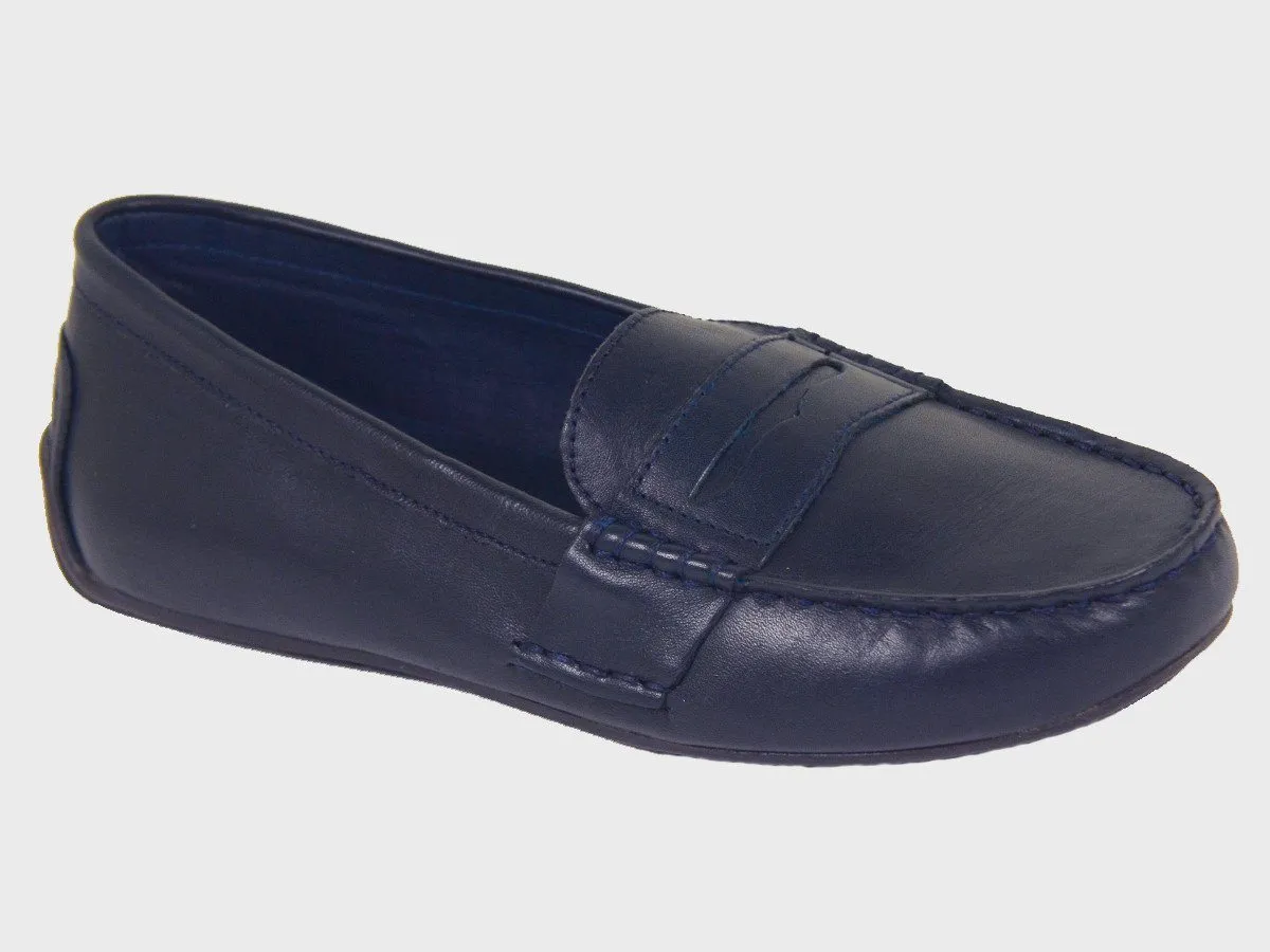 Polo 20074 100% Leather and Lining Boy's Loafer Shoes - Driving Penny - Navy, Top Stitching at the toe