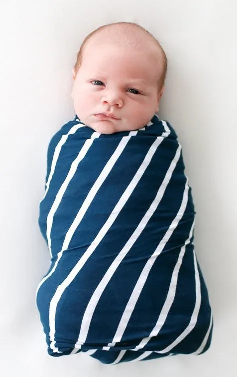 Posh Peanut Blue & White Stripes Swaddle & Beanie Set