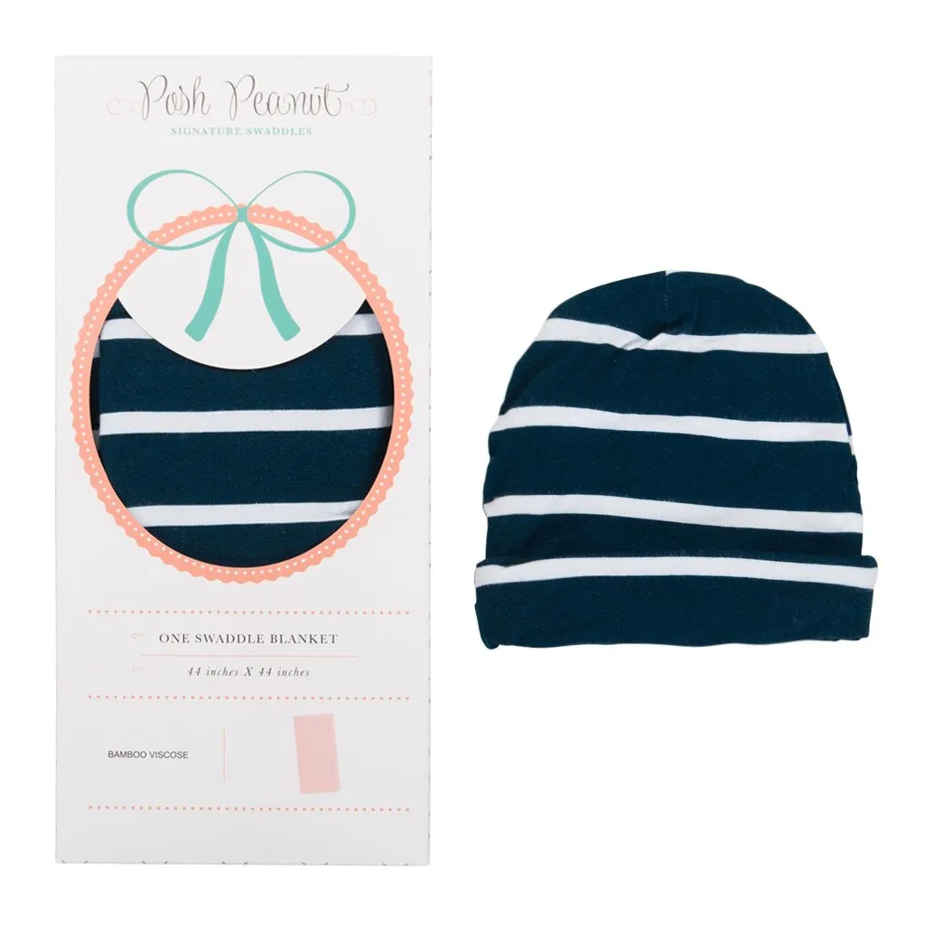 Posh Peanut Blue & White Stripes Swaddle & Beanie Set