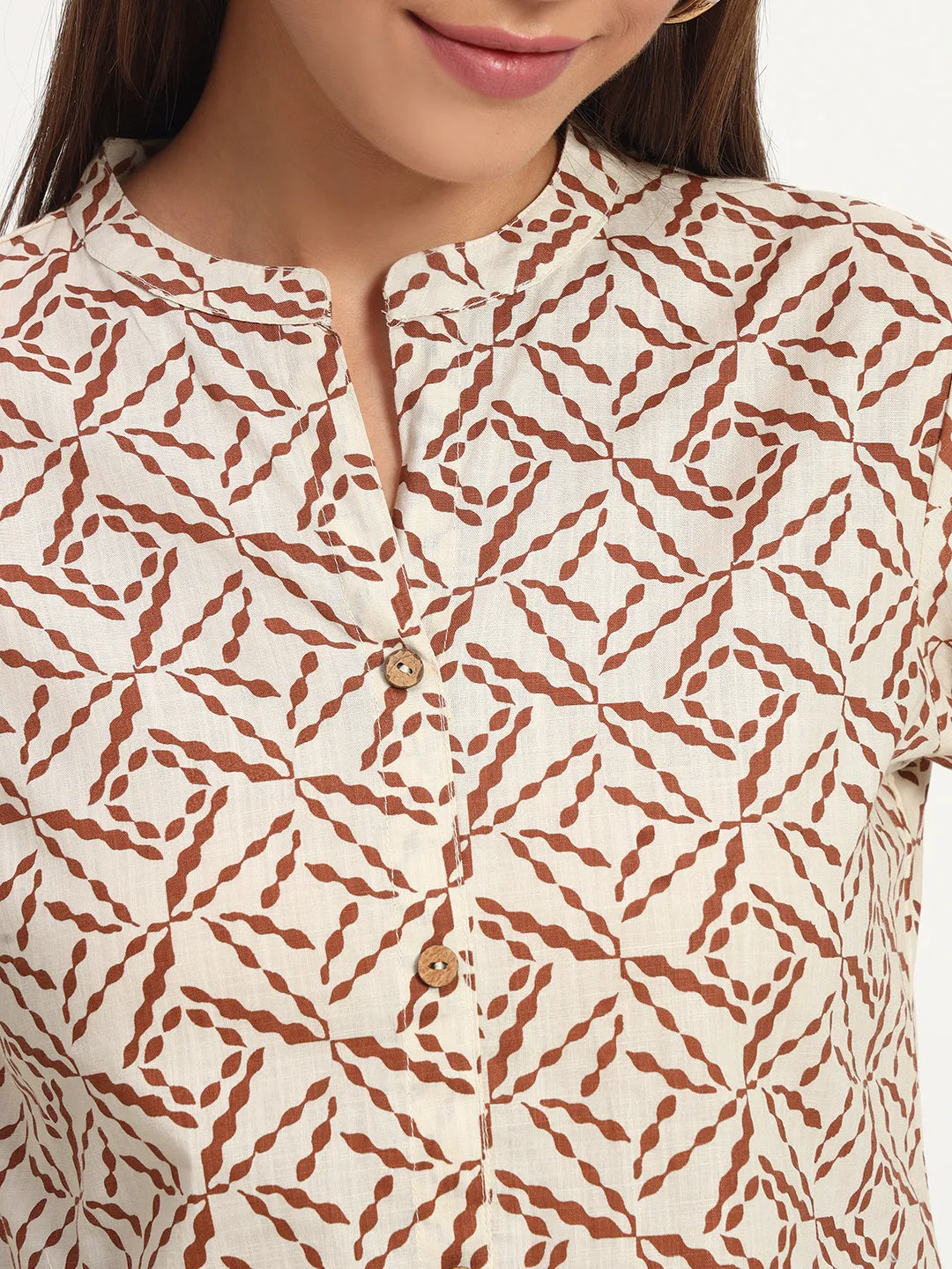 Printed Beige Mandarin Collar Shirt