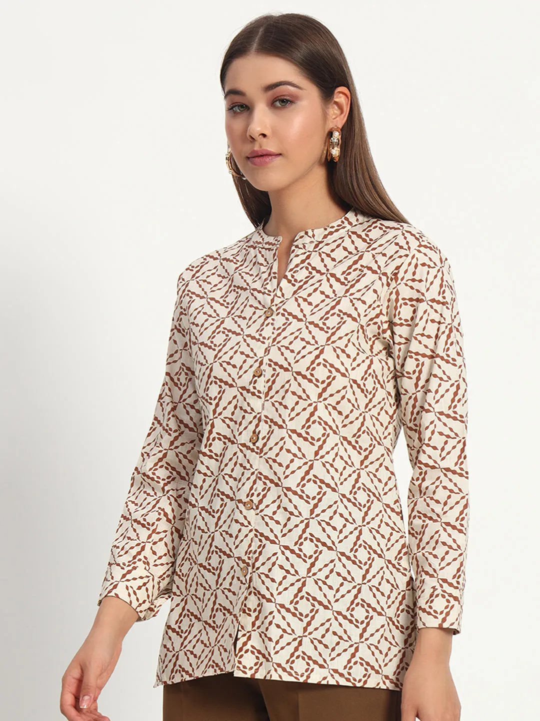 Printed Beige Mandarin Collar Shirt