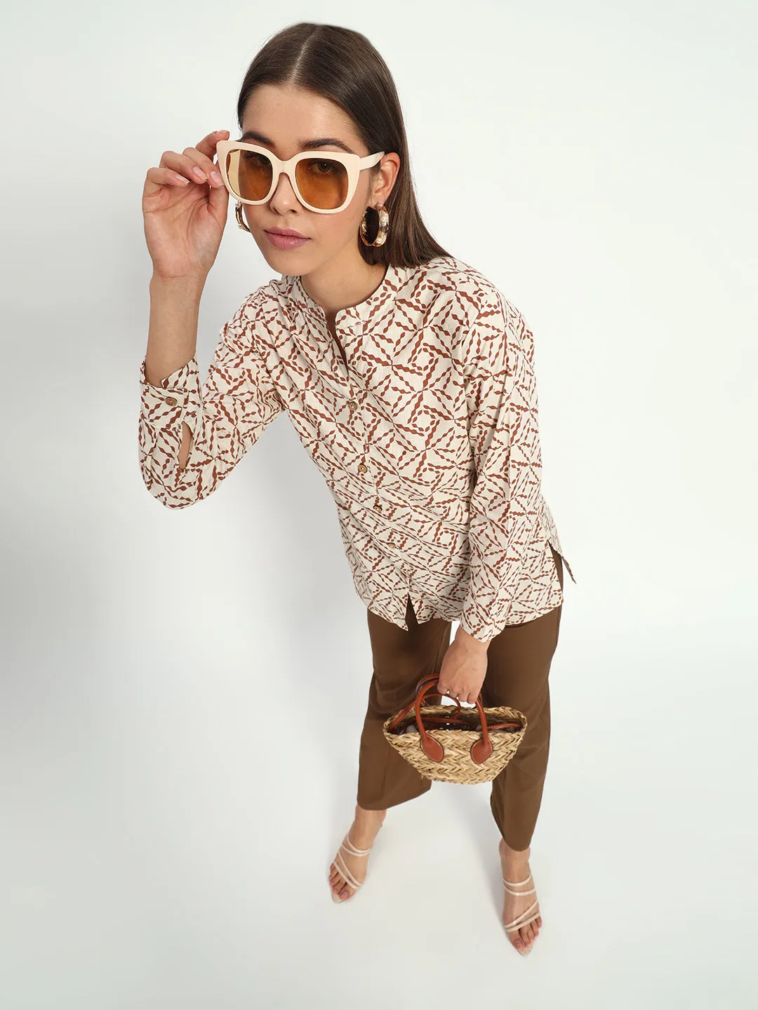 Printed Beige Mandarin Collar Shirt