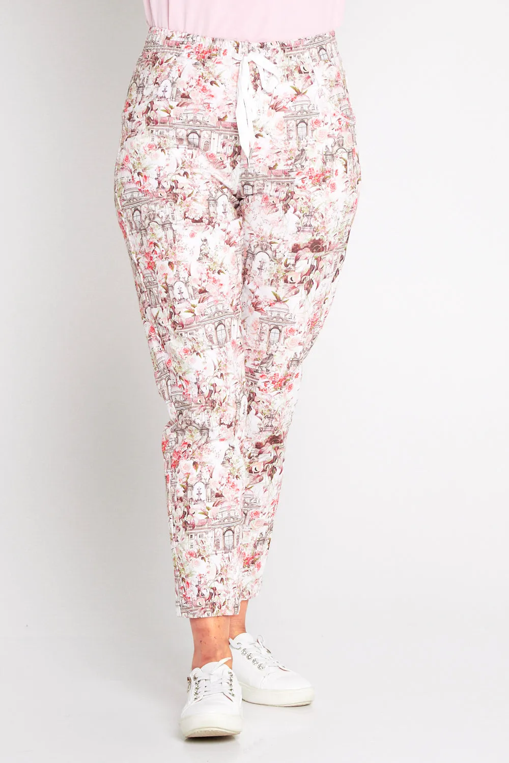 Printed Crushed Drawstring Pants - Floral Buildings