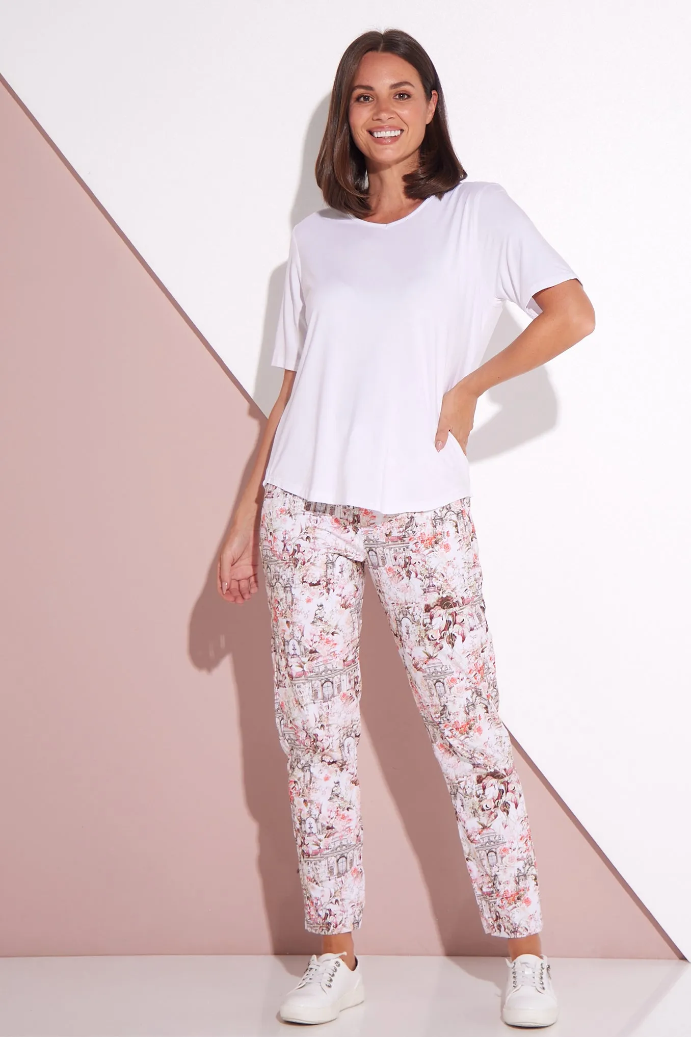 Printed Crushed Drawstring Pants - Floral Buildings