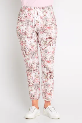 Printed Crushed Drawstring Pants - Floral Buildings