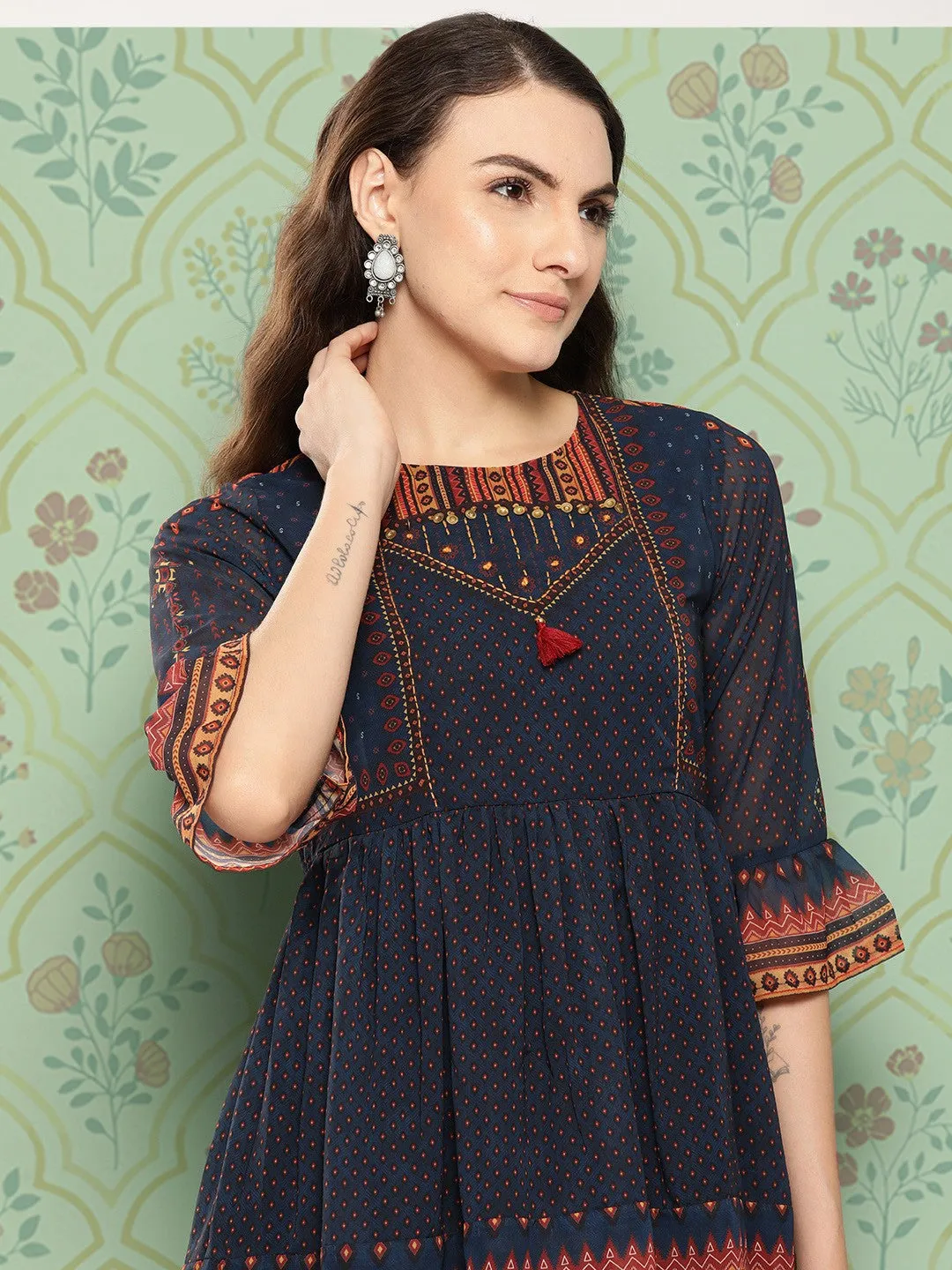 Printed Indigo Tunic for Women with Round Neck & Three-Quarter Sleeves