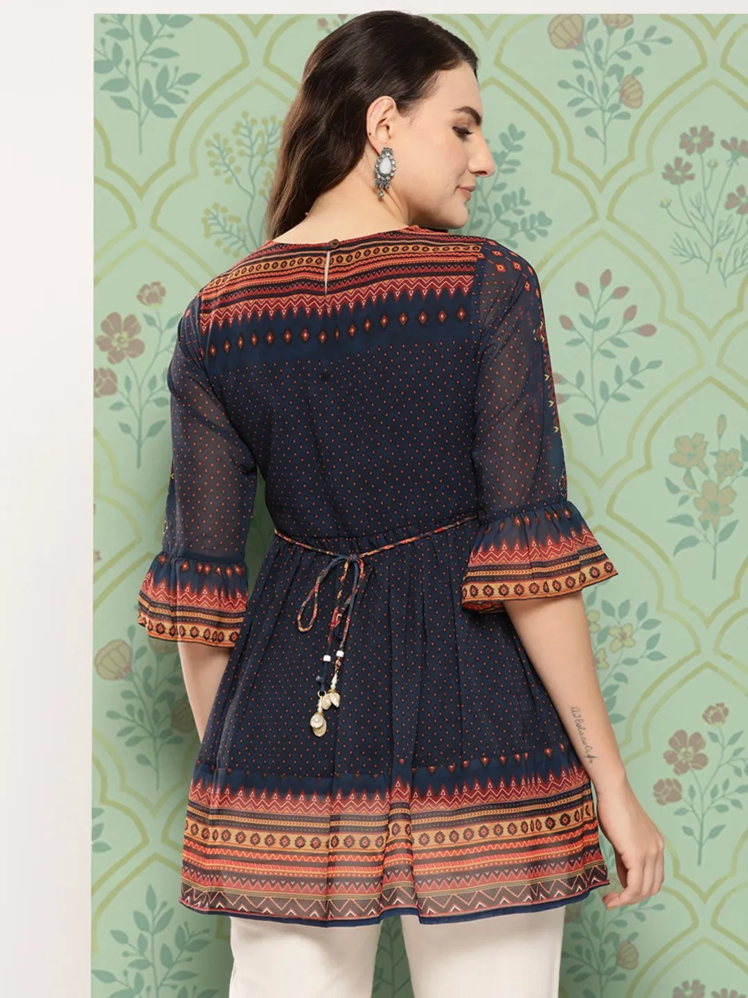 Printed Indigo Tunic for Women with Round Neck & Three-Quarter Sleeves