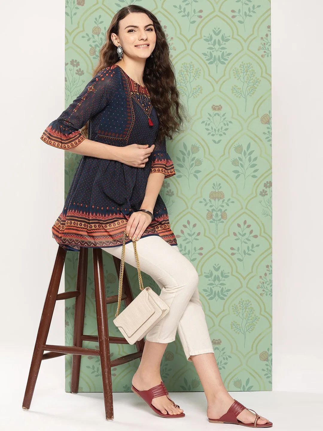 Printed Indigo Tunic for Women with Round Neck & Three-Quarter Sleeves