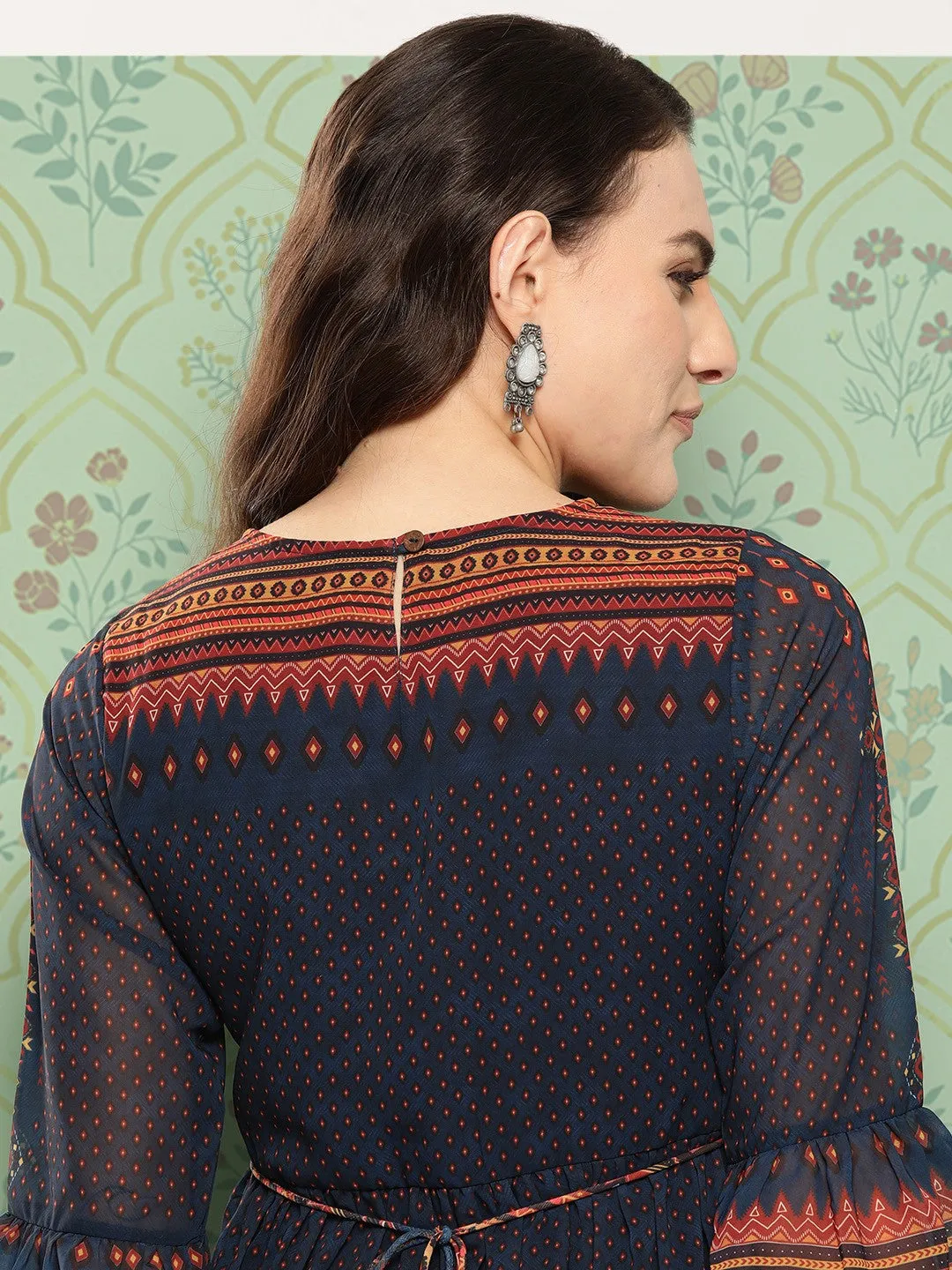 Printed Indigo Tunic for Women with Round Neck & Three-Quarter Sleeves