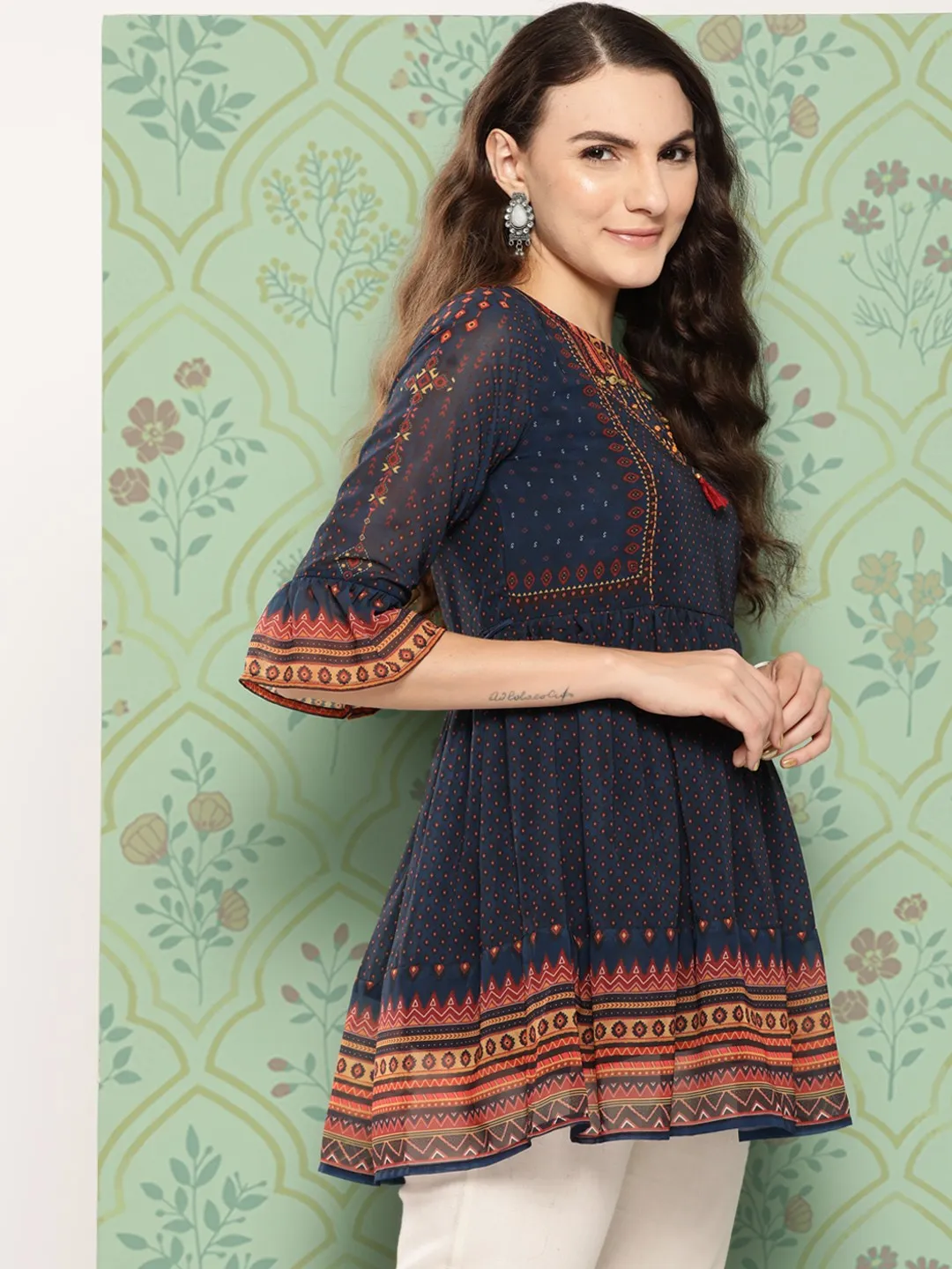 Printed Indigo Tunic for Women with Round Neck & Three-Quarter Sleeves