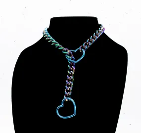 Rainbow Chain Blue Heart Slip Chain Collar