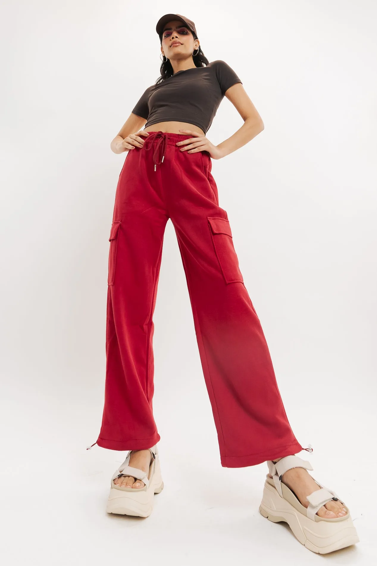 Red Knit Wide Leg Cargo Trouser