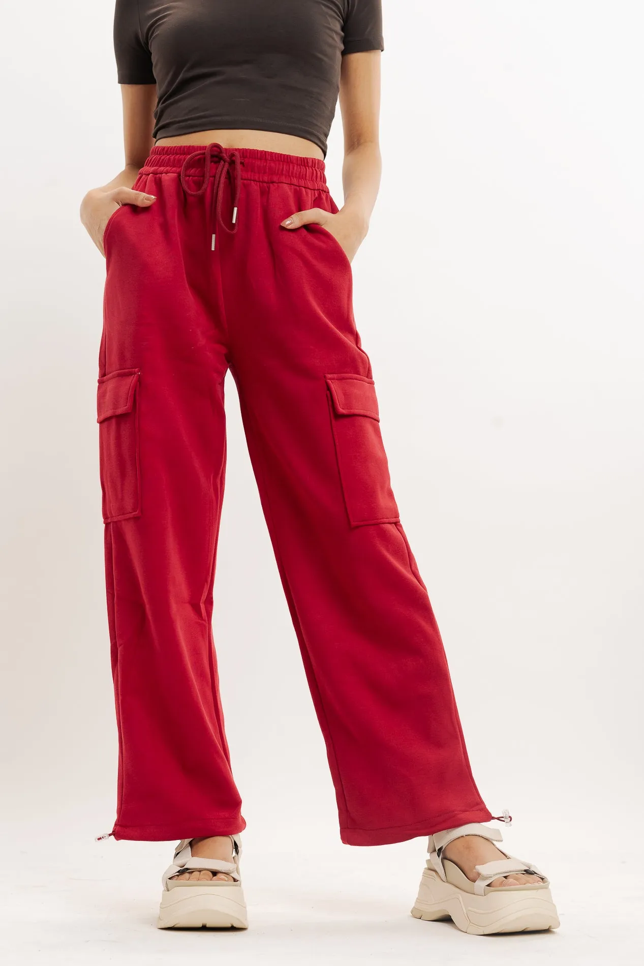 Red Knit Wide Leg Cargo Trouser