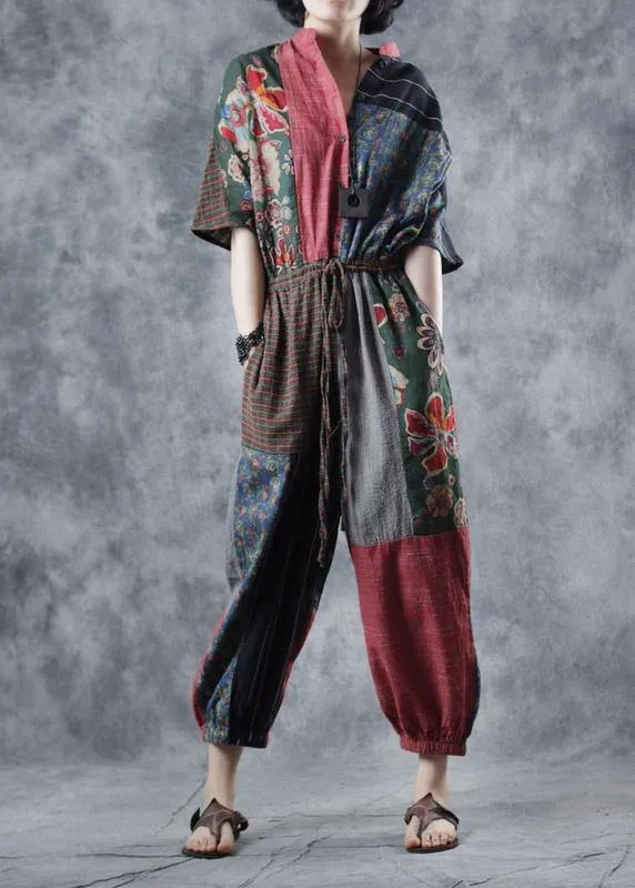 Red printed jumpsuit tie waist loose wide leg pants