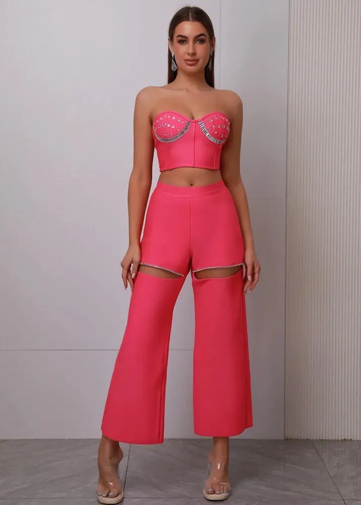 Rhinestone Decor Bustier Top & Hollow Out Pants