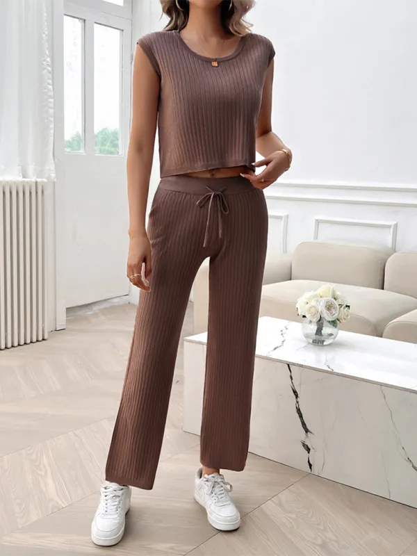 Ribbed Knit Loungewear Set Ribbed Crop Top & Flared Pants