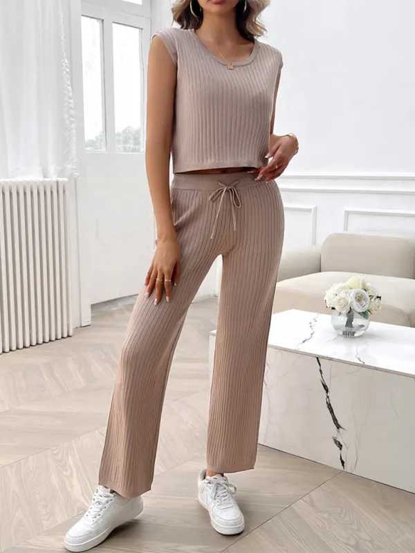 Ribbed Knit Loungewear Set Ribbed Crop Top & Flared Pants