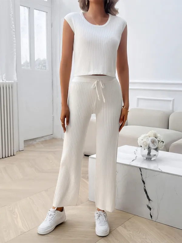 Ribbed Knit Loungewear Set Ribbed Crop Top & Flared Pants