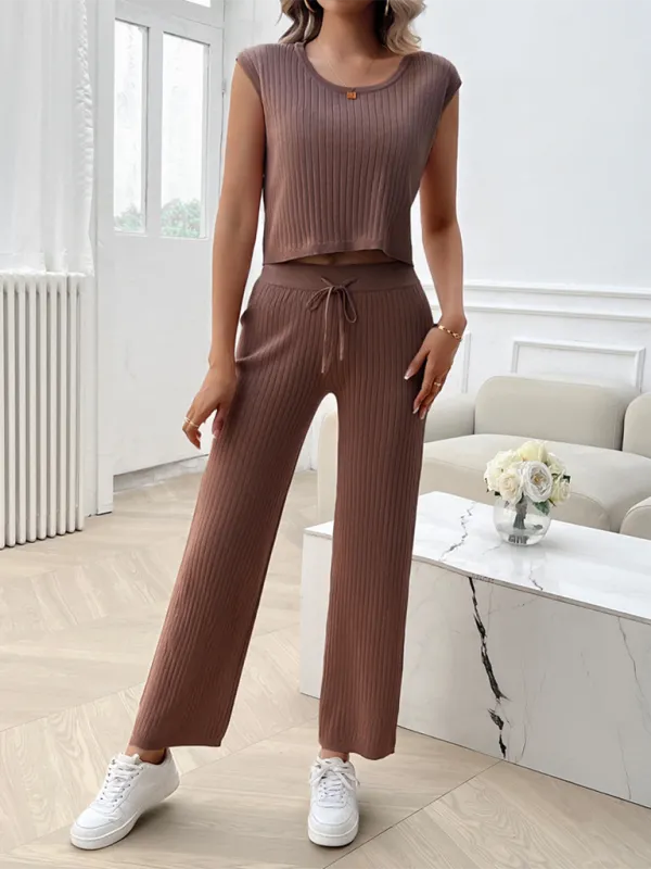 Ribbed Knit Loungewear Set Ribbed Crop Top & Flared Pants