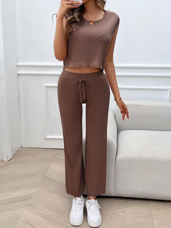 Ribbed Knit Loungewear Set Ribbed Crop Top & Flared Pants