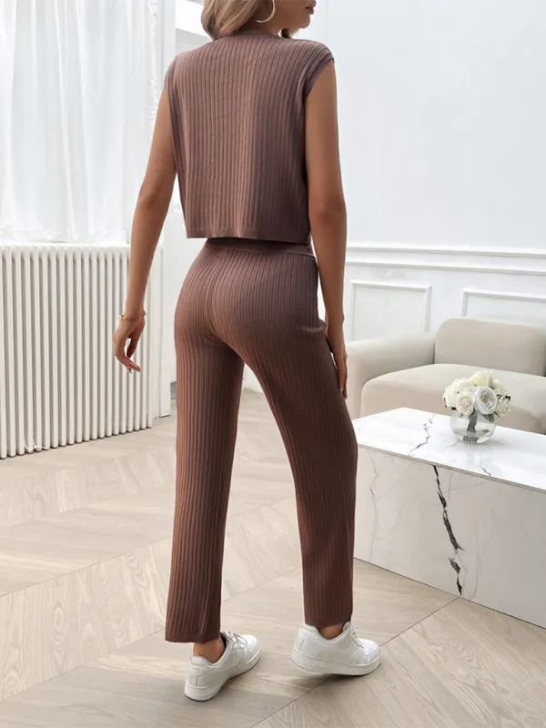 Ribbed Knit Loungewear Set Ribbed Crop Top & Flared Pants