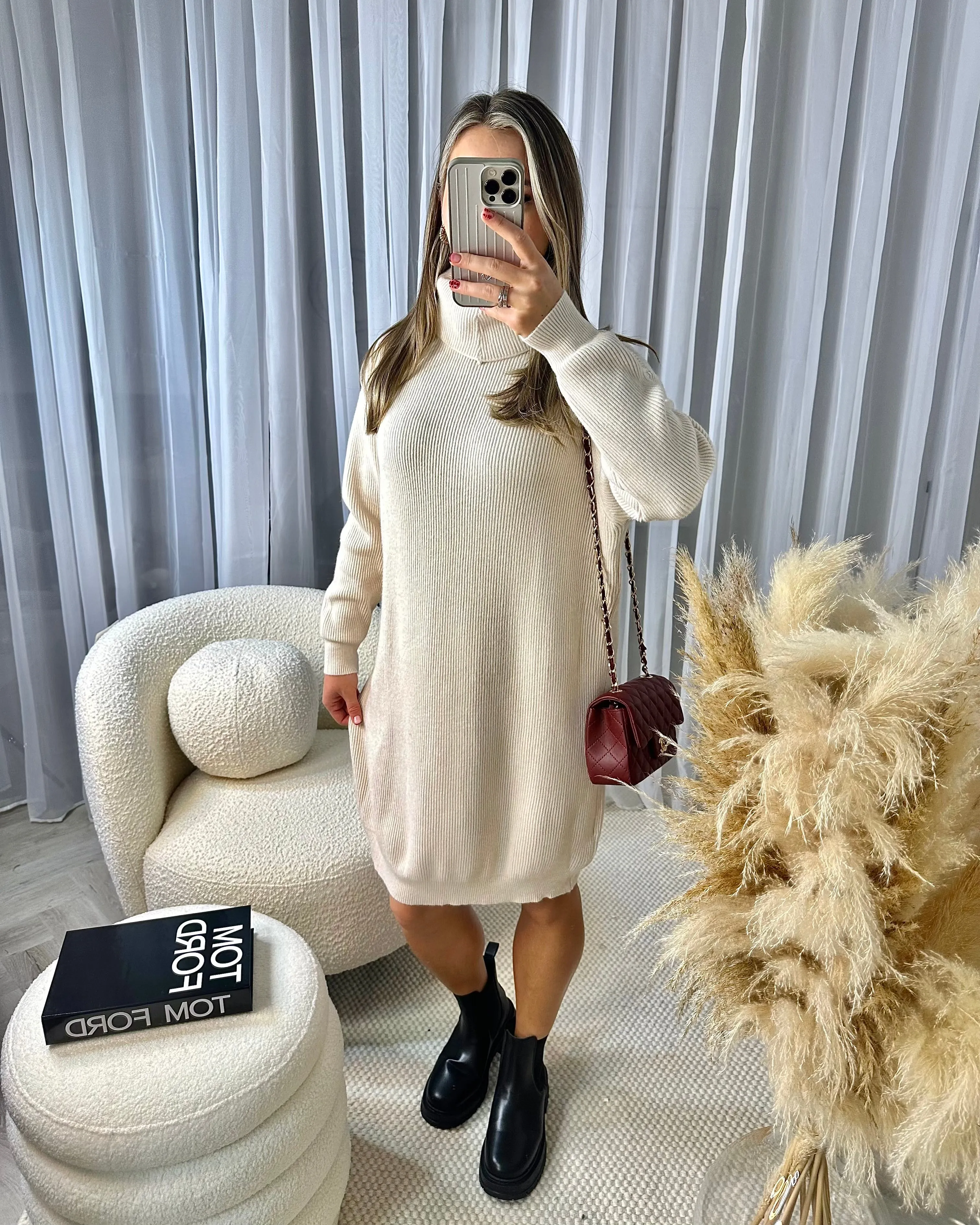 Ryann Ribbed Cowl Neck Knitted Jumper Dress - Beige