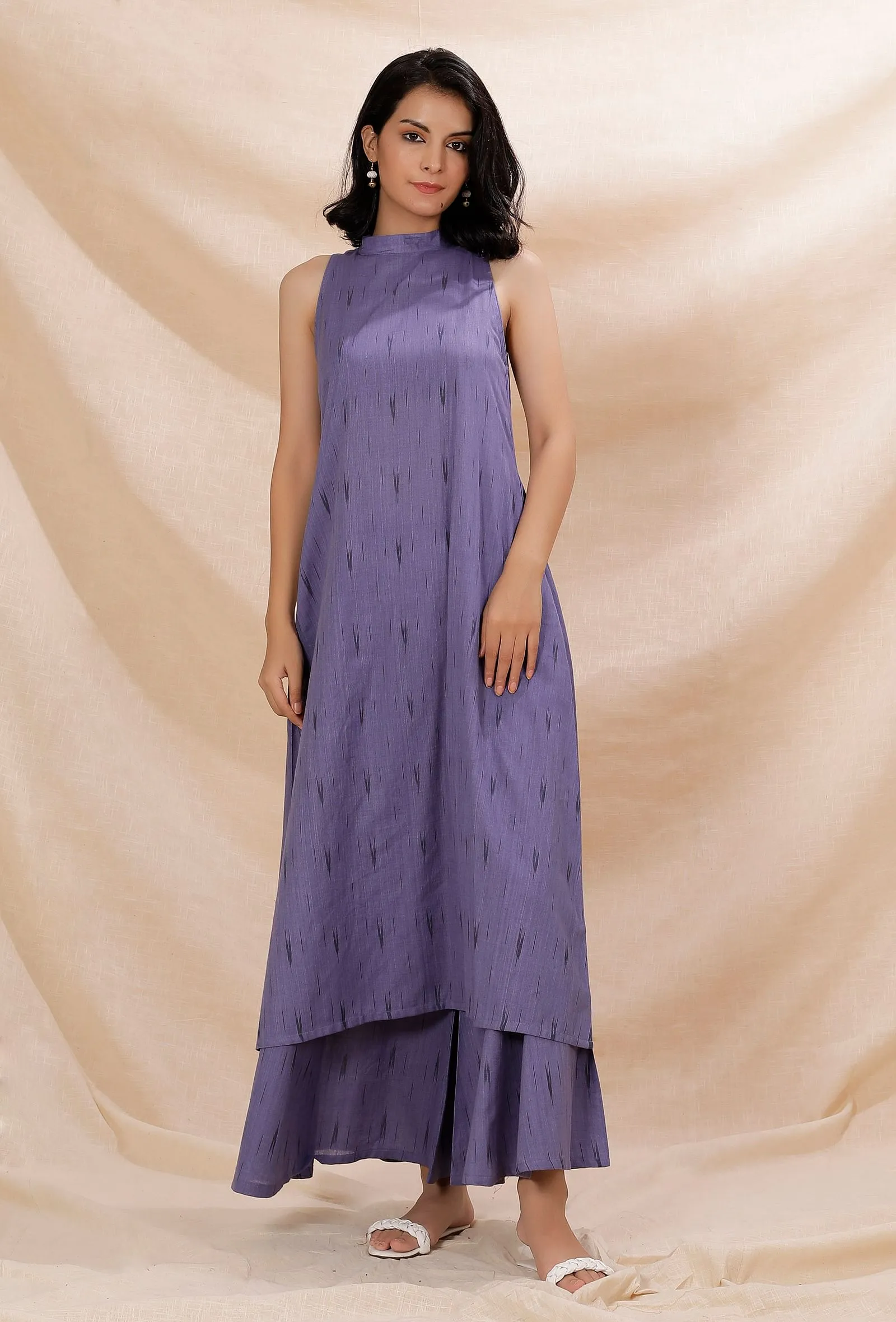 Set of 2: Mauve Halter Neck Cotton Ikkat Kurta With Flared Pants