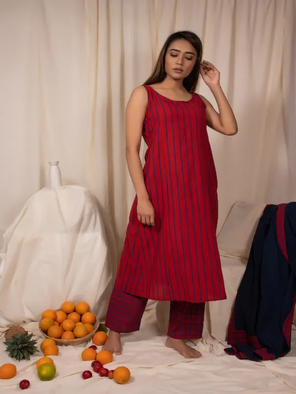 Sleeveless Red Striped Cotton Poppy Co-Ord Set (Set of 2)