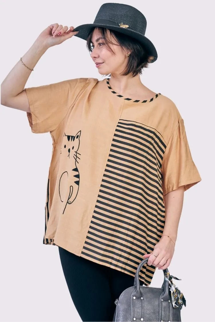 Stripe Colour Block Cat Print Cotton Top