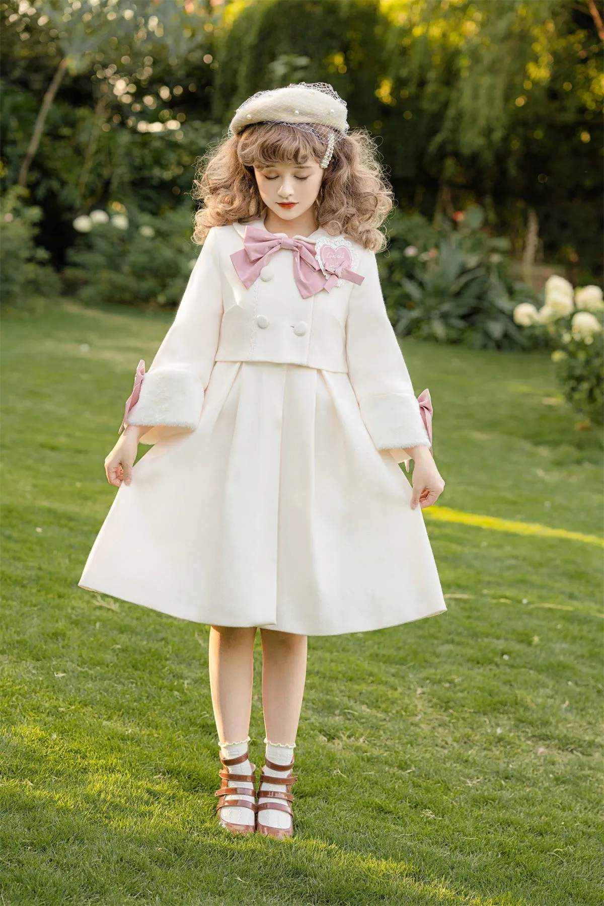 Sweet Princess Pearl White Pink Ribbon Fur Dress Coat