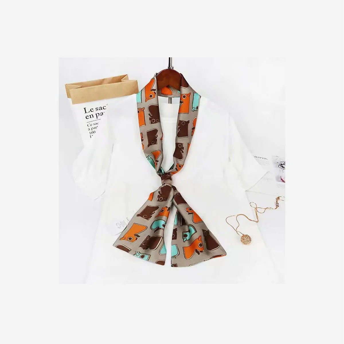 TAN ORANGE PRINT NECK SCARF