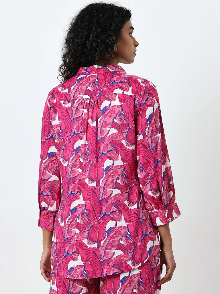 Utsa Pink Leaf-Printed Cotton Ethnic Tunic