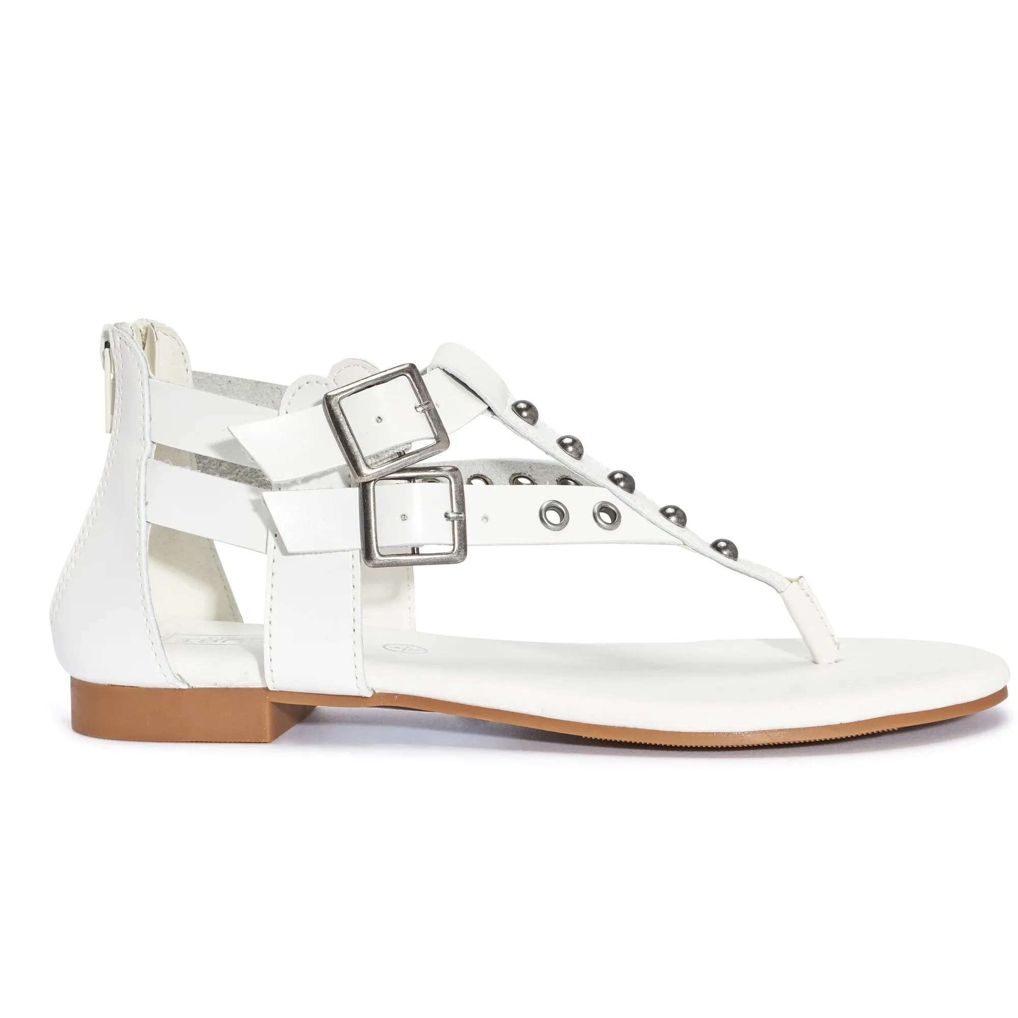 White Flat Studded Double Buckle Sandal