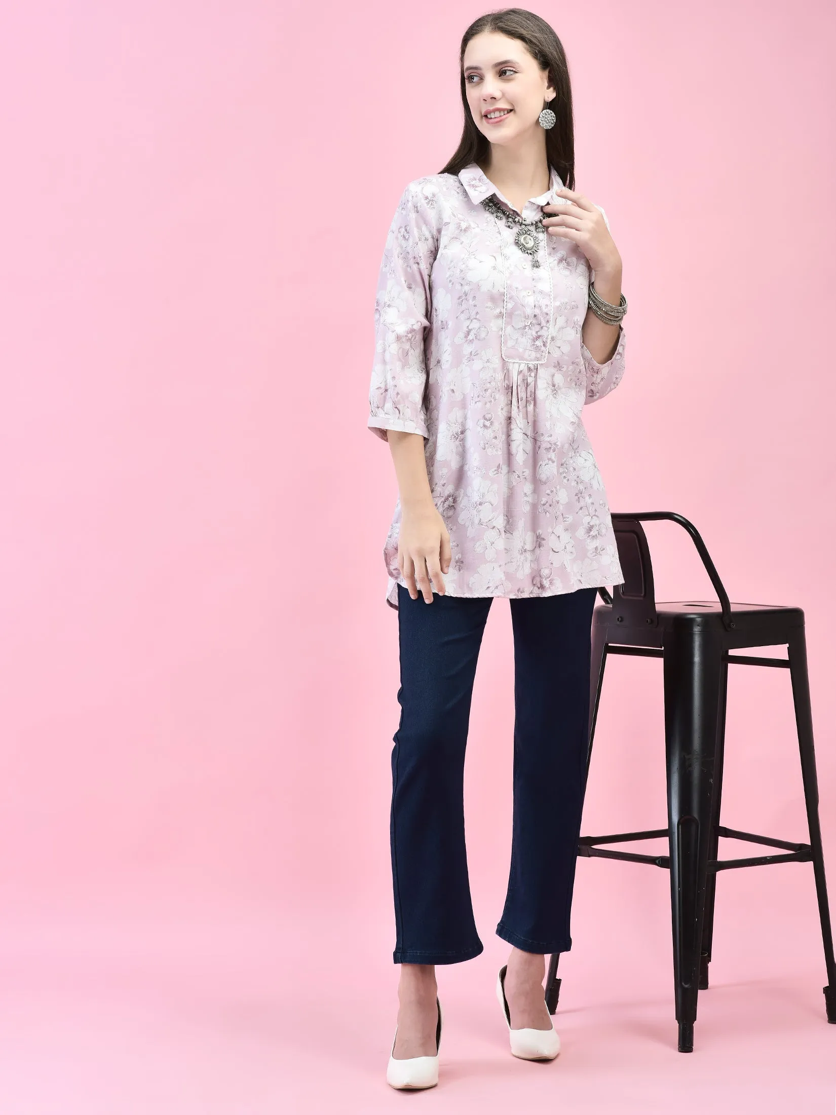 Women Liva (Rayon) Lilac Floral Print Tunic