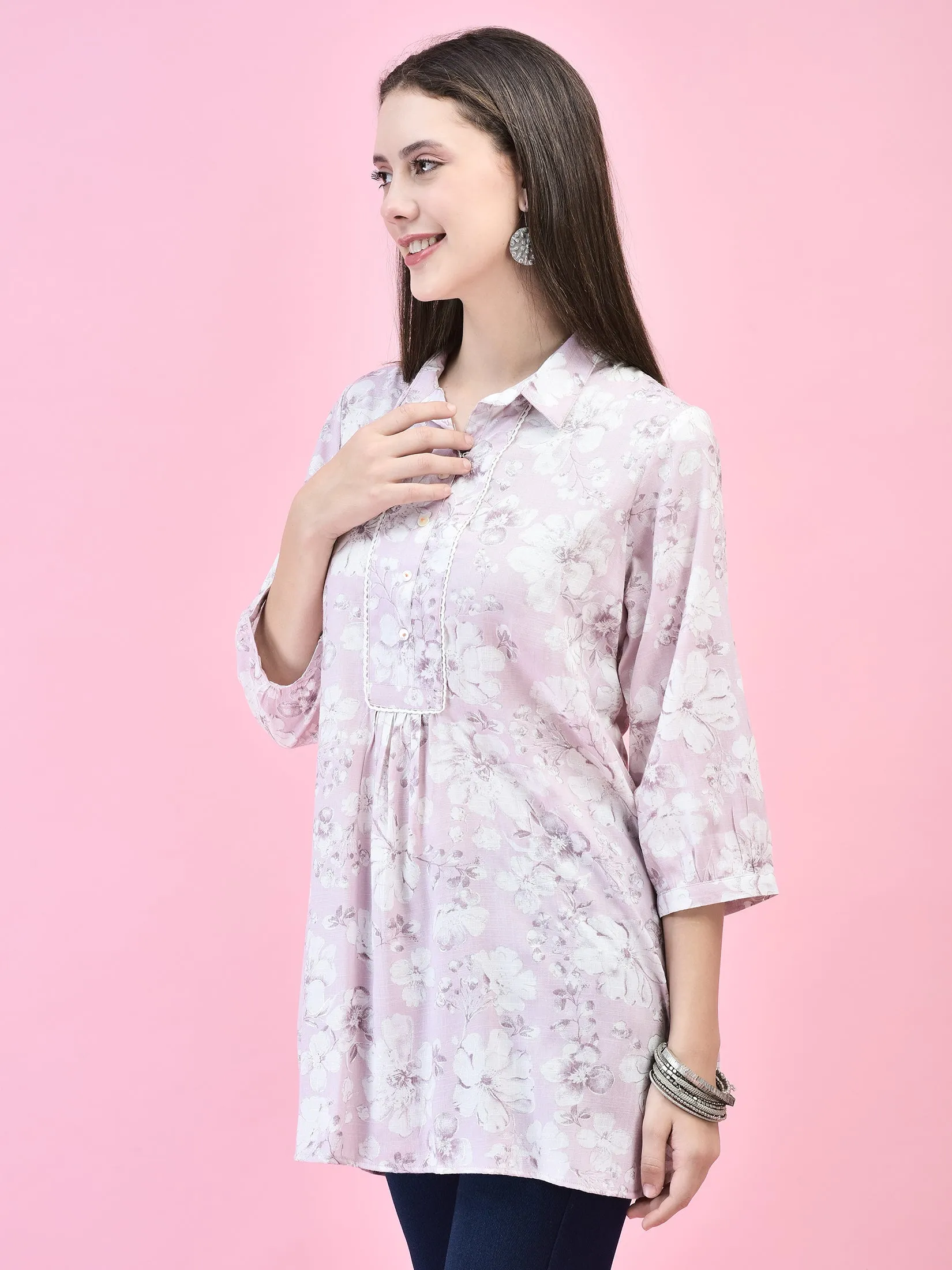 Women Liva (Rayon) Lilac Floral Print Tunic