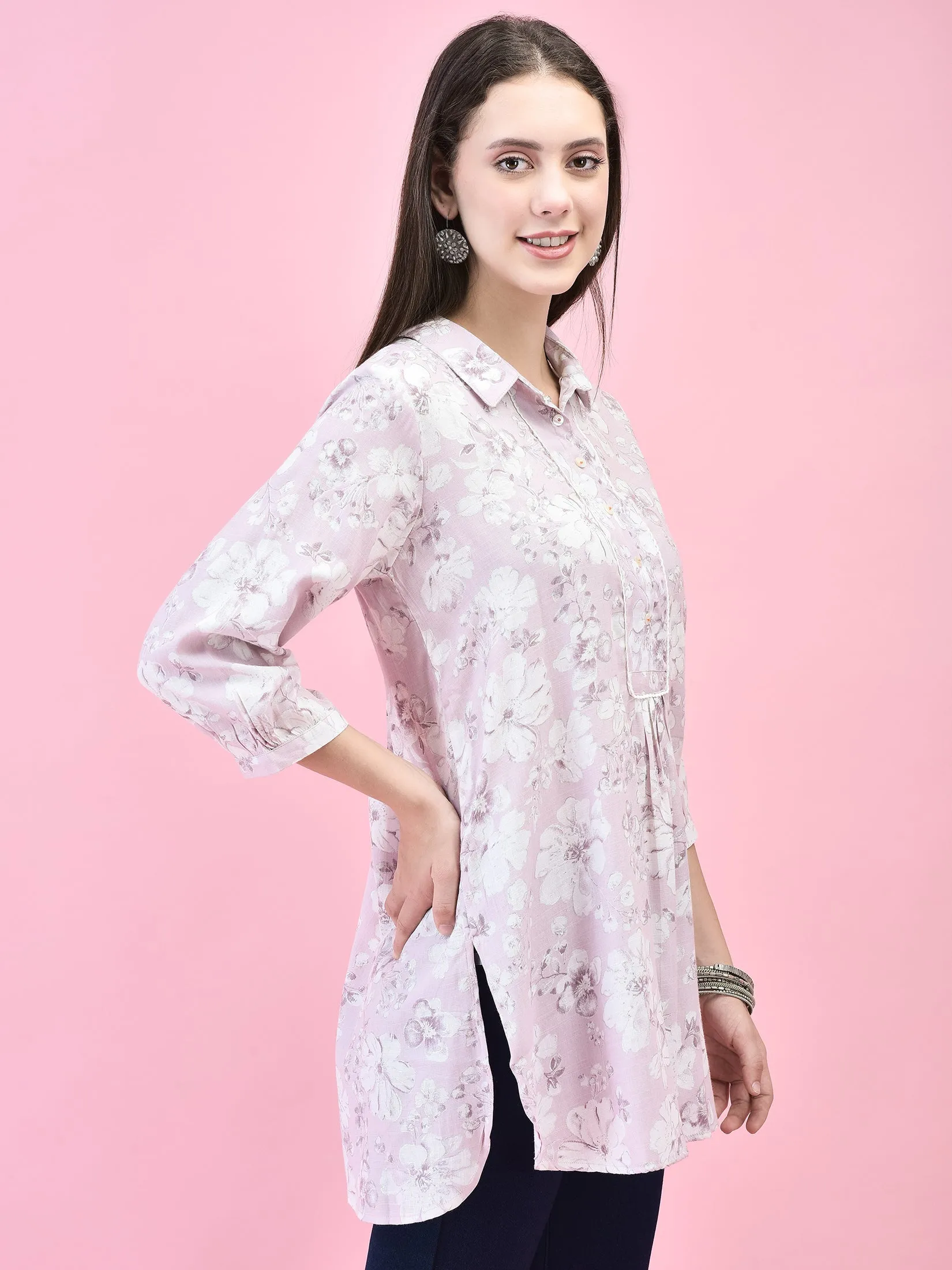 Women Liva (Rayon) Lilac Floral Print Tunic