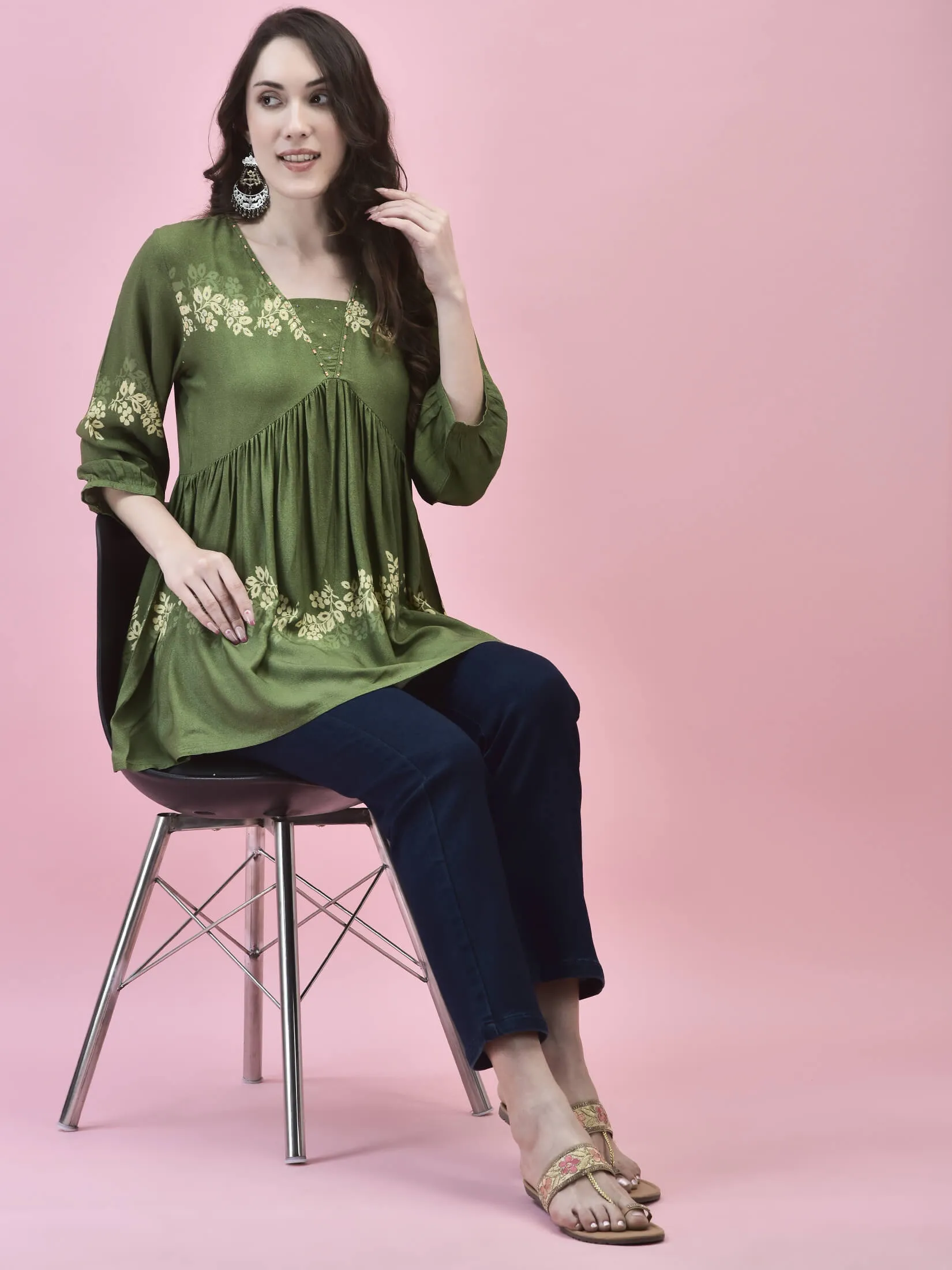 Women Liva Rayon Olive Floral Print Tunic