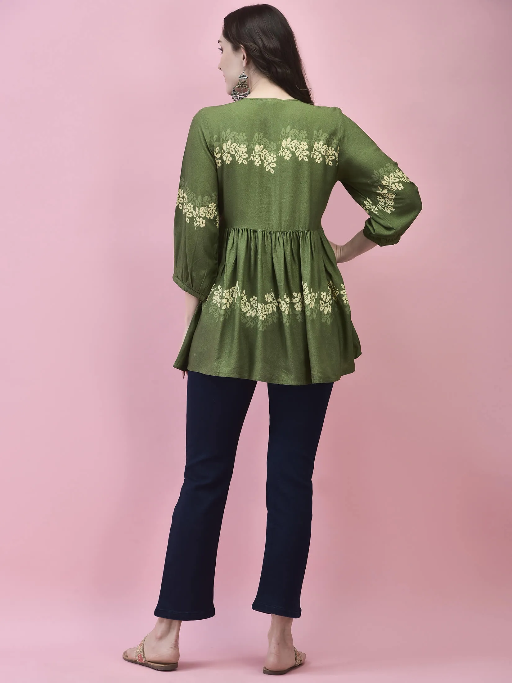 Women Liva Rayon Olive Floral Print Tunic