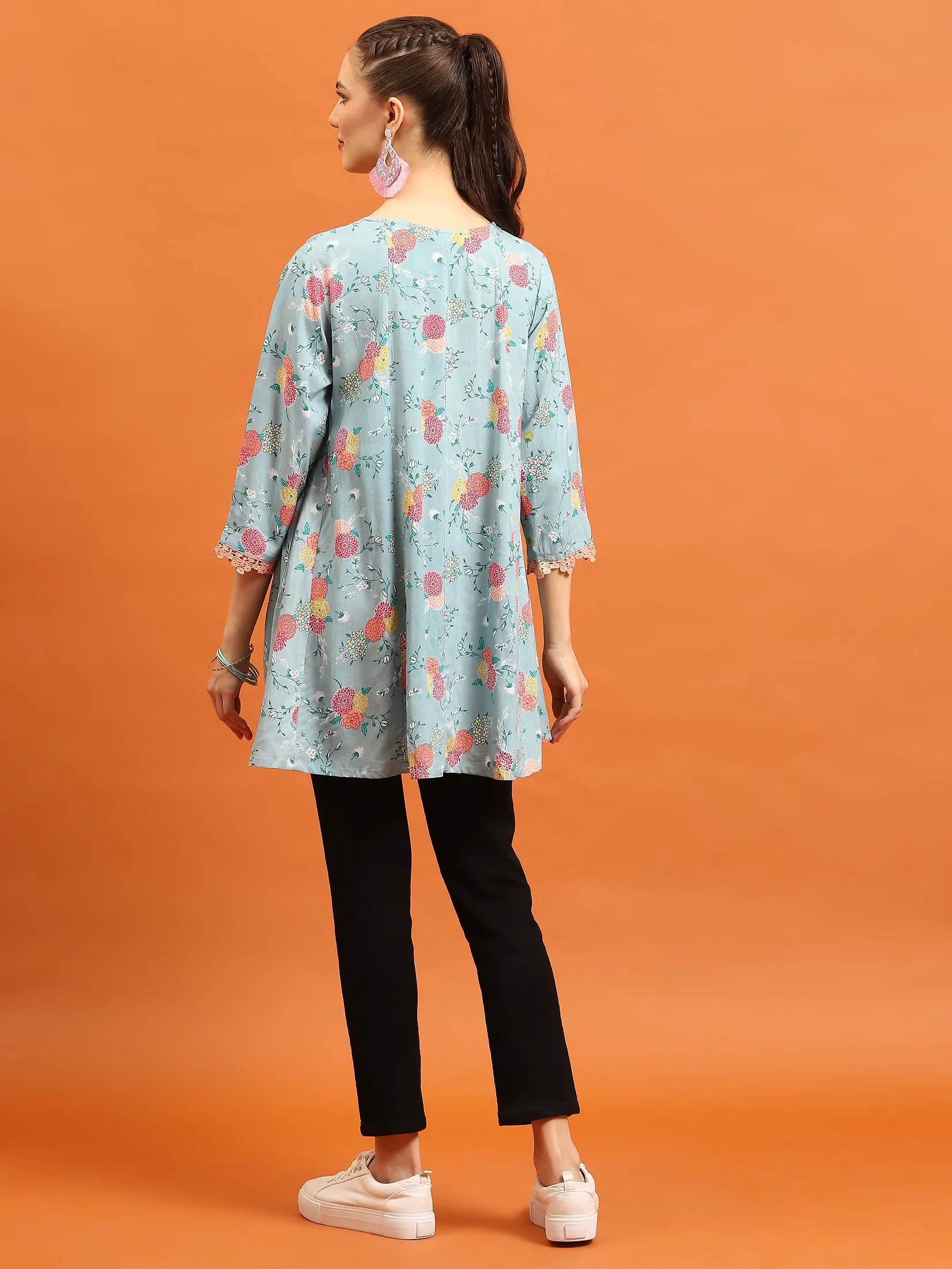 Women Sea Blue Floral Printed Tunic