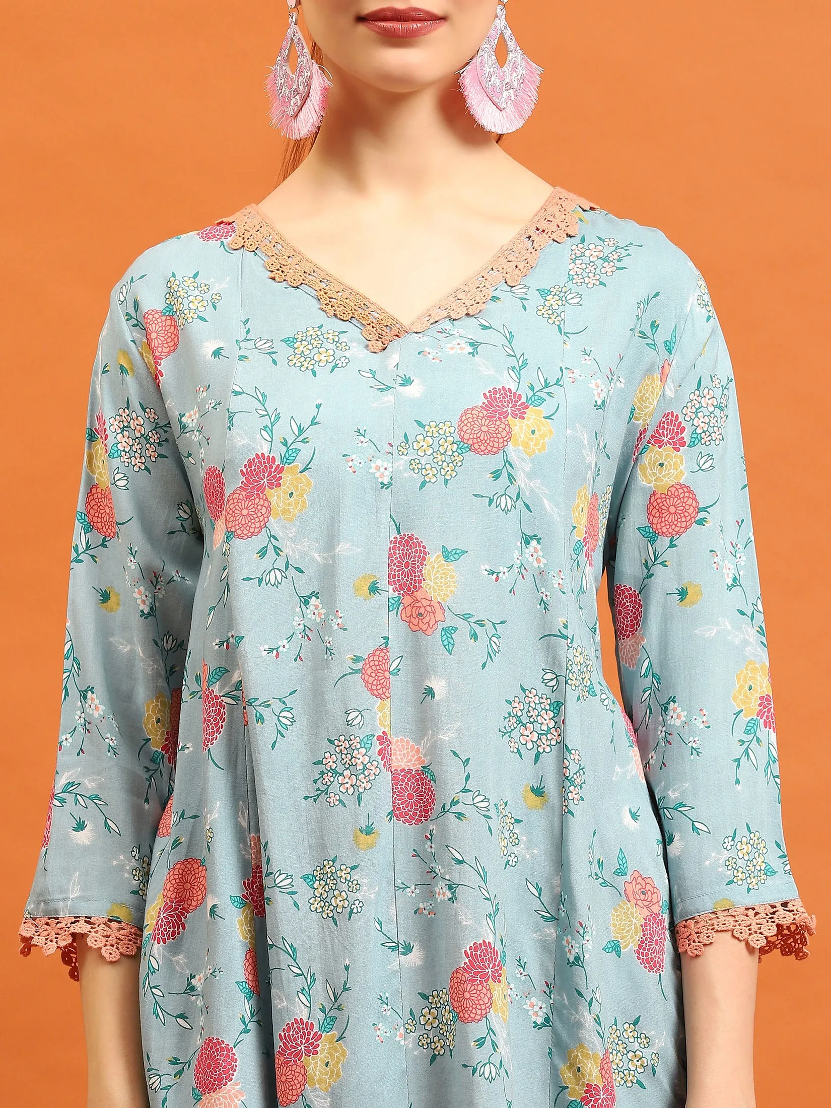 Women Sea Blue Floral Printed Tunic