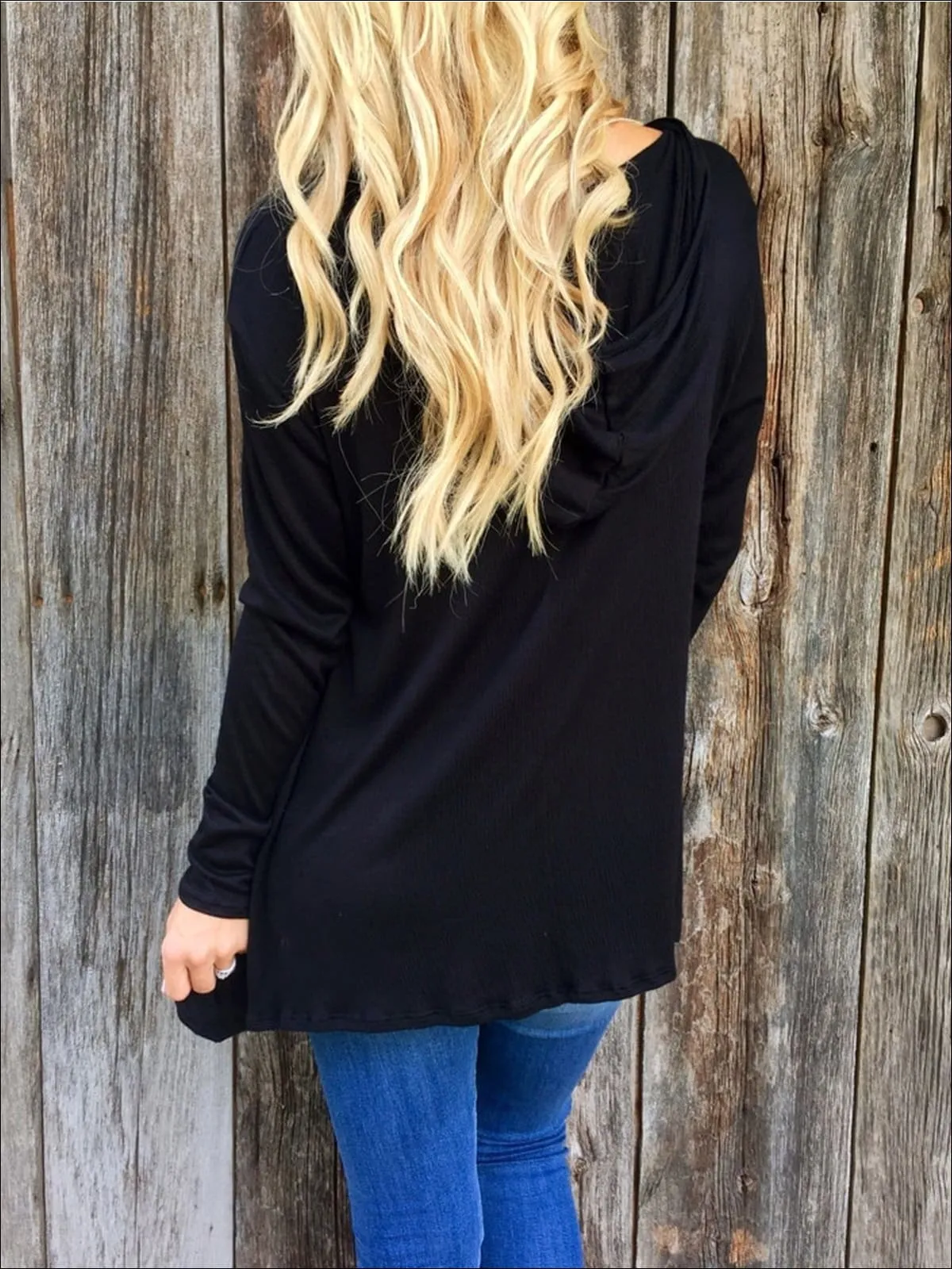 Women's Black Long Sleeve Criss Cross Neck Deep V Tunic